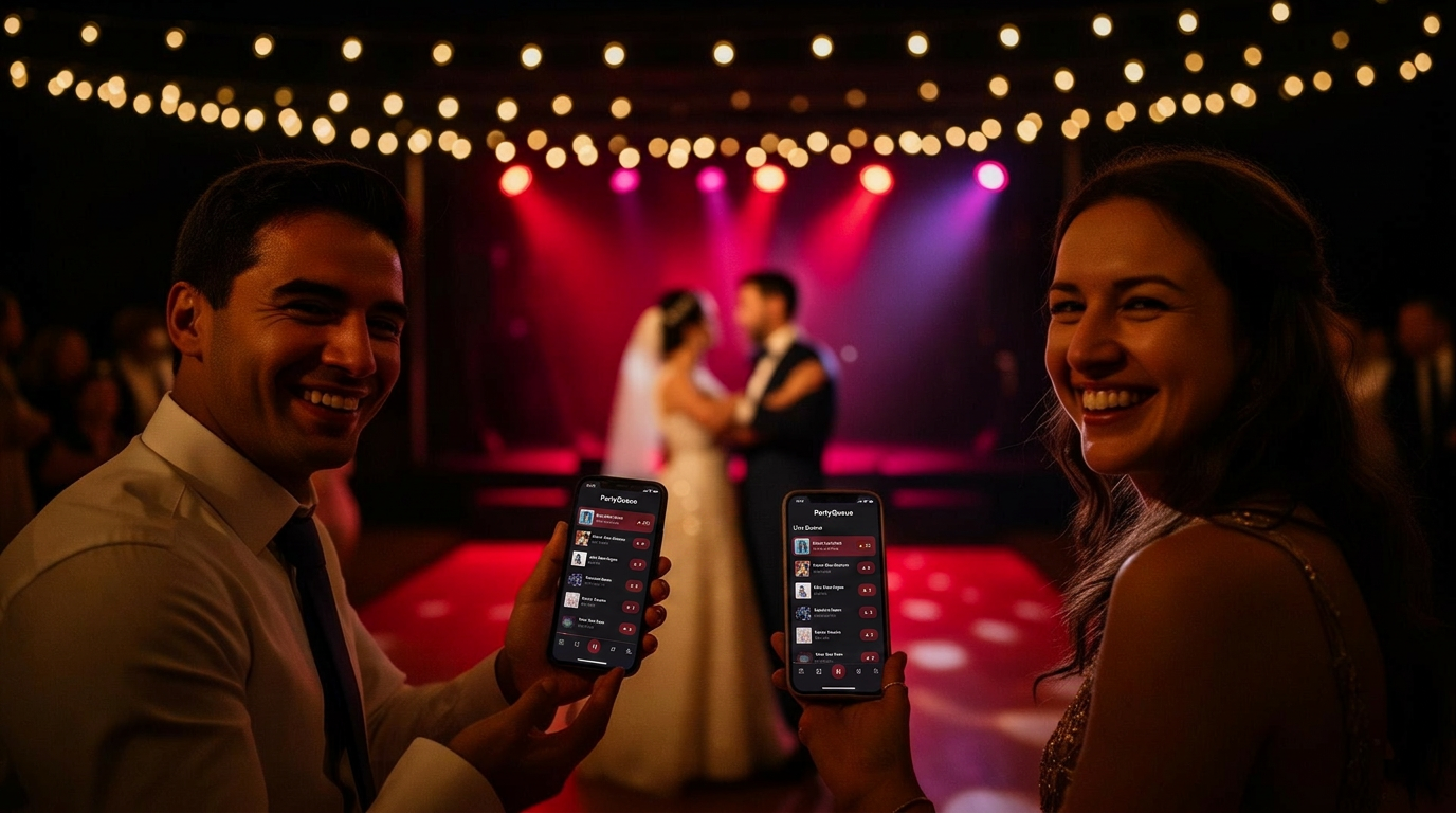Wedding guests on the dance floor requesting songs on PartyQueue